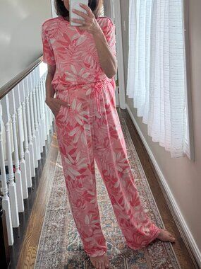 Tommy Bahama Pink Tropical Print Pajama Set Top & Wide Leg Lounge Pants Small